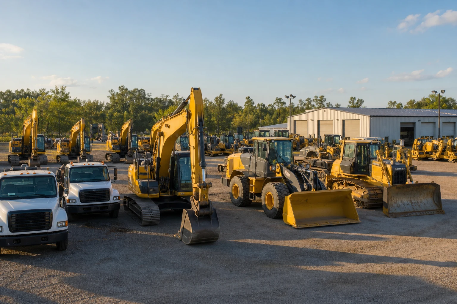 Equipment lined up across the dealership yard